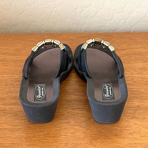 Grandco Sandals 6 Black Blue Green Crystals 3 Strap Slide Wedge - Picture 9 of 11